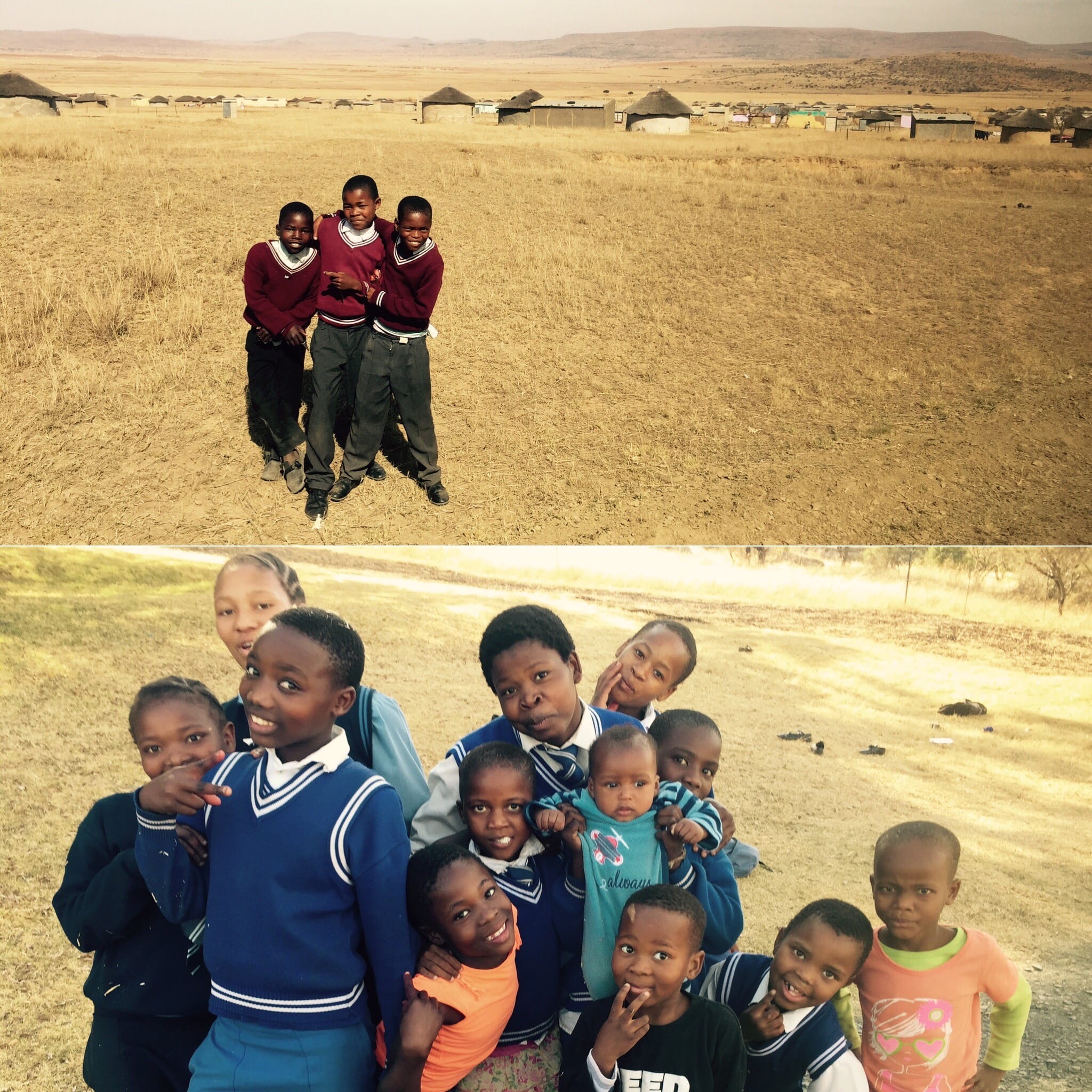 Children in red uniforms cross open countryside.